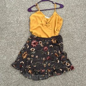 Mustard yellow top with floral tie wrap skirt outfit